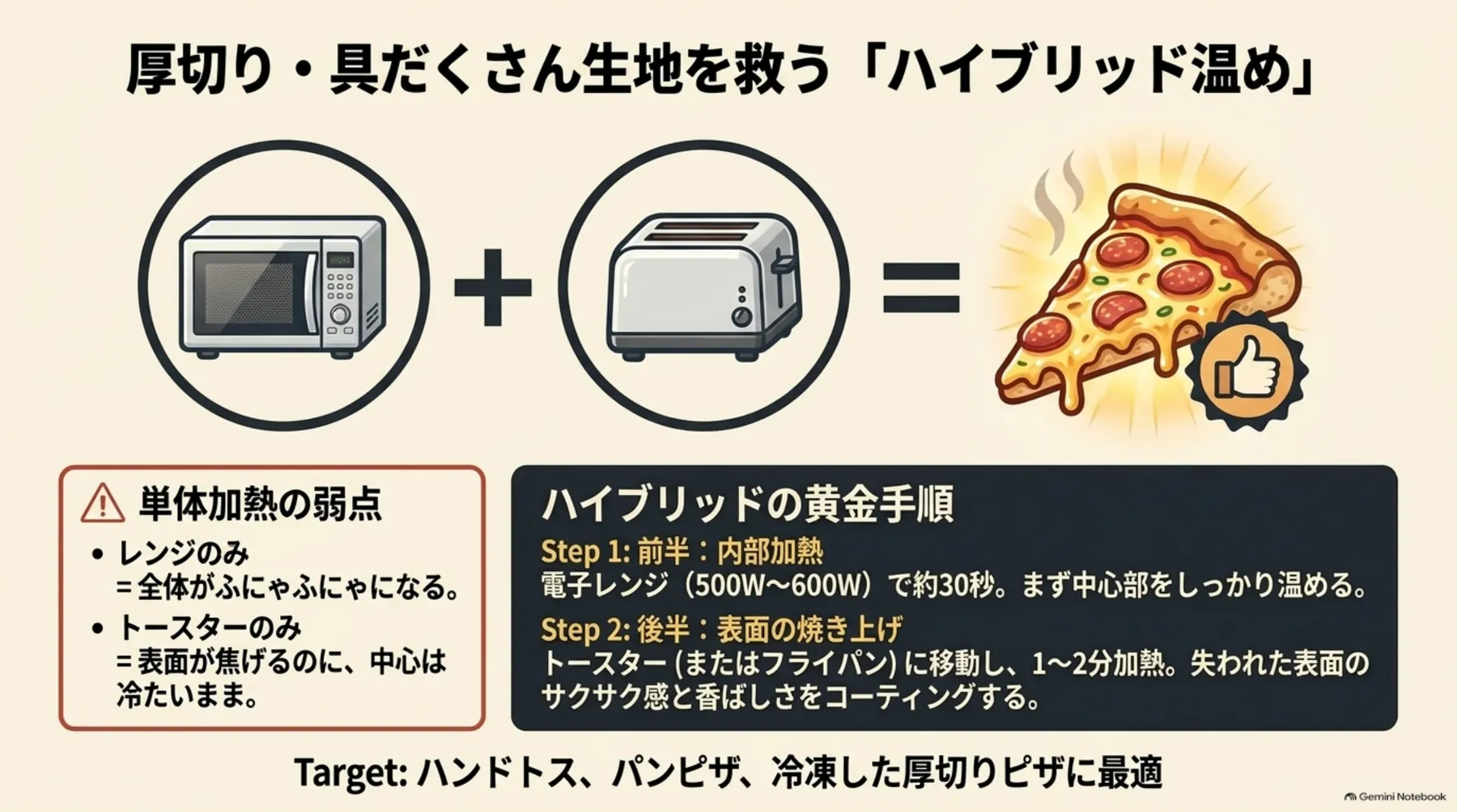 電子レンジでピザの内部を温めてからトースターで表面を焼き、厚い生地をおいしく仕上げる方法