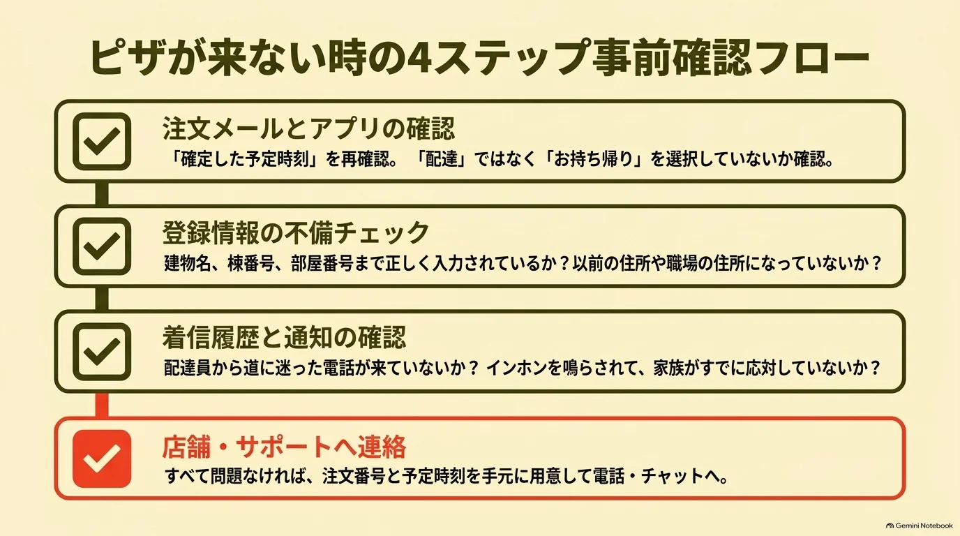 注文メールやアプリ、住所や部屋番号、着信履歴や通知を確認し、問題がなければ注文番号と予定時刻を用意して店舗やサポートへ連絡する流れ。