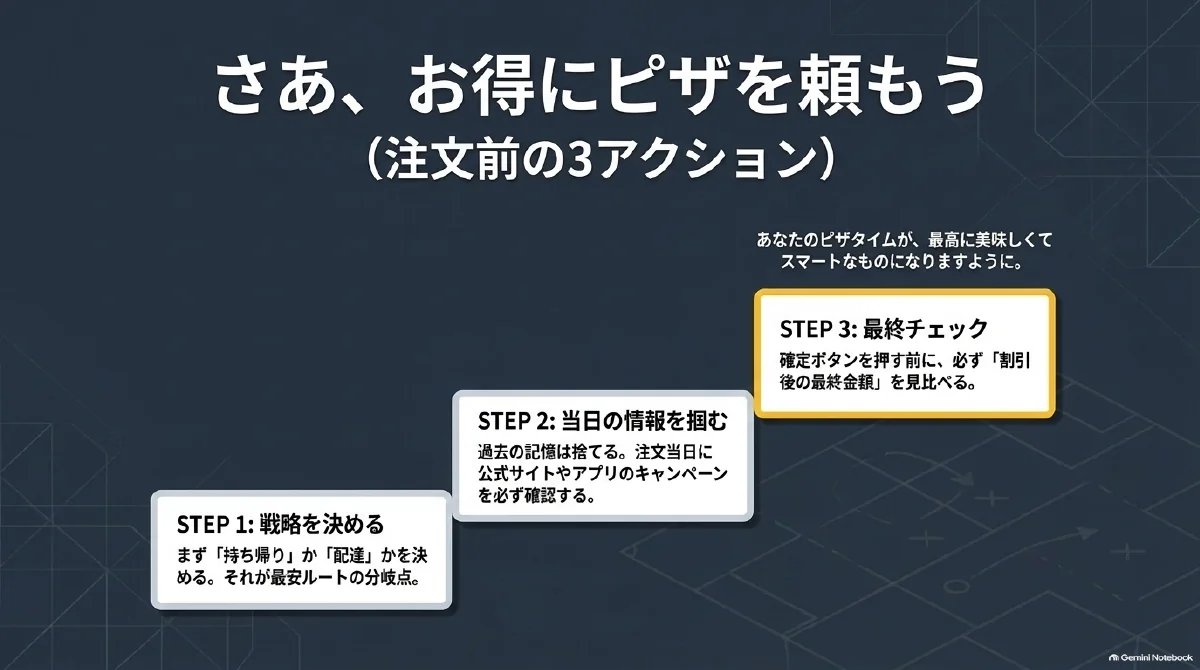 宅配ピザの注文前に行う3つの確認。持ち帰りか配達かを決め、当日の公式クーポンを探し、注文確定前に割引後の最終金額を確認する。