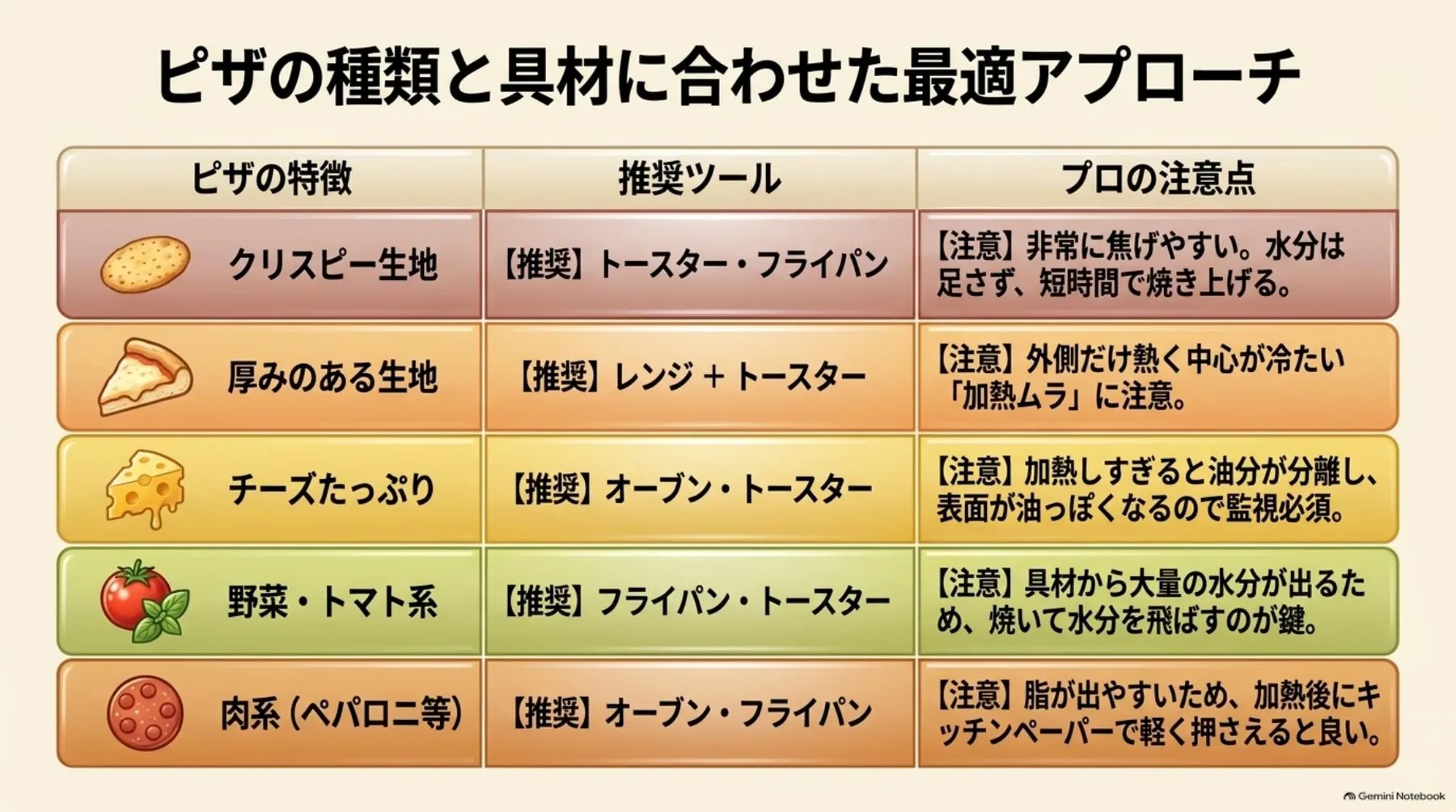 クリスピー生地、厚い生地、チーズ、野菜、肉系のピザに適した調理器具と注意点の一覧表