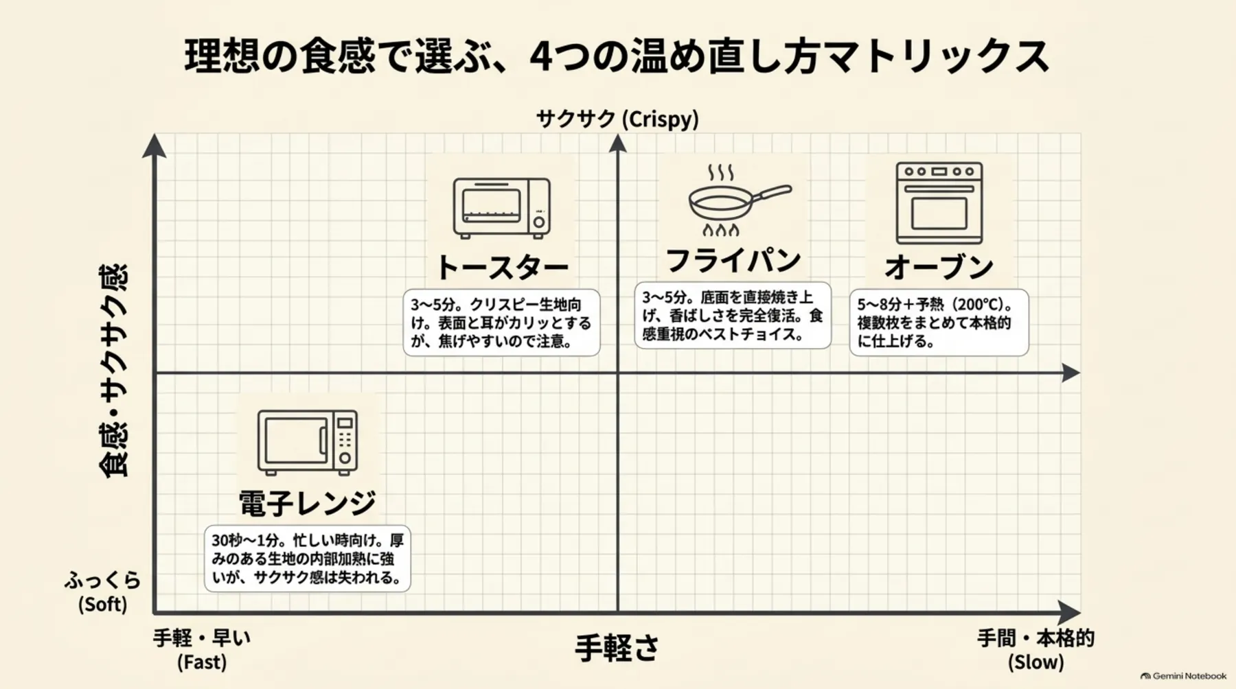 電子レンジ、トースター、フライパン、オーブンをサクサク感と手軽さで比較したマトリックス