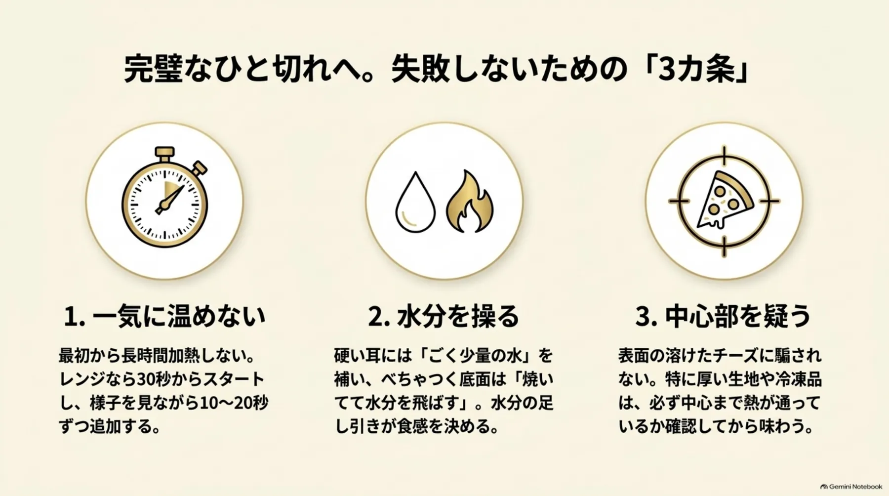 短時間ずつ加熱する、水分量を調整する、ピザの中心まで温まったか確認するという温め直しのコツ
