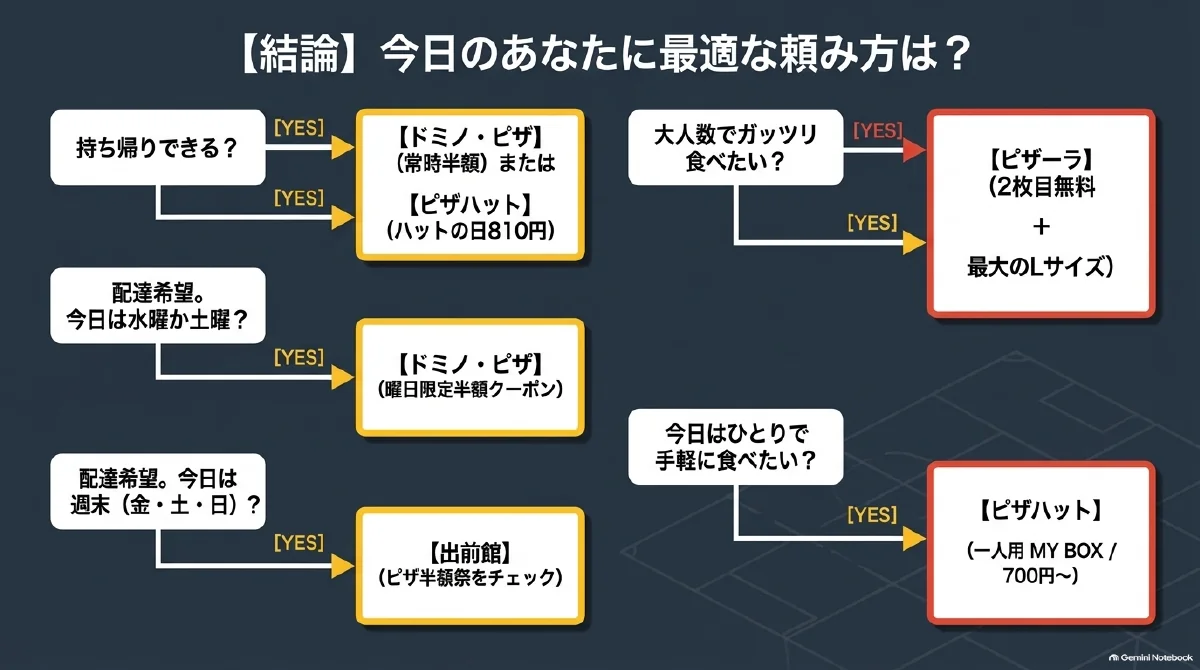 持ち帰りの可否、配達を頼む曜日、食べる人数に応じて、各社の割引や出前館のイベント、一人用MY BOXを選ぶ図。