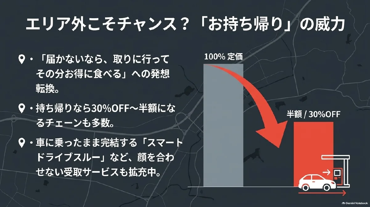 配達エリア外でも店舗へ取りに行く方法を紹介し、お持ち帰りの割引と車に乗ったまま受け取るサービスを示した図。