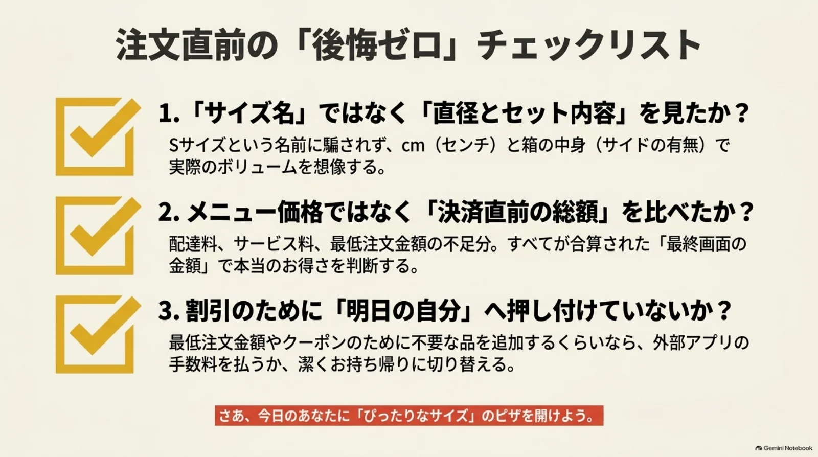 一人用宅配ピザの注文前に、直径とセット内容、決済直前の支払総額、割引のために不要な量を買っていないかを確認する3項目のチェックリスト。