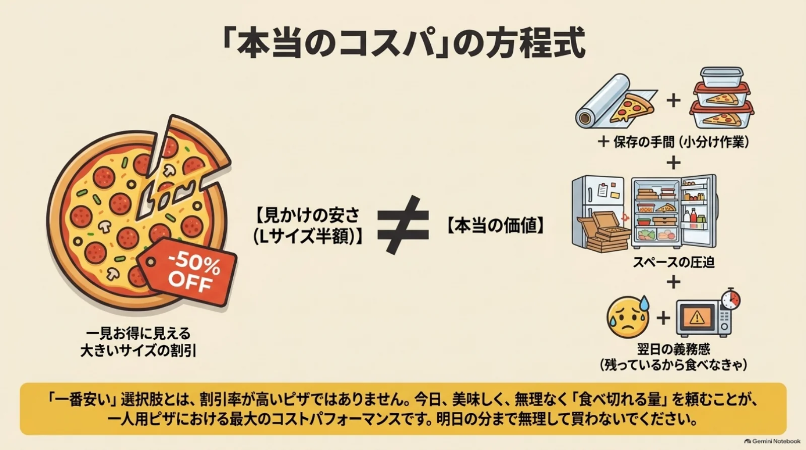 大きいピザの割引と、余った分を小分けする手間、冷蔵庫の収納スペース、翌日も食べる負担を比較し、食べ切れる量で選ぶ考え方を示した図。