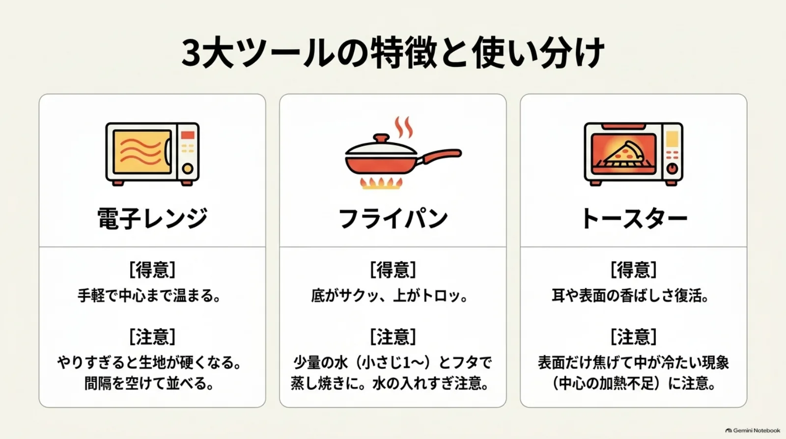 電子レンジ・フライパン・トースターによるピザの温め直し方と注意点の比較