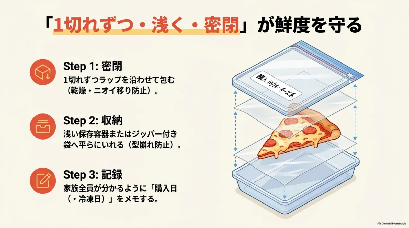 宅配ピザを一切れずつ包み、浅い容器に入れて購入日と保存日を記録する方法