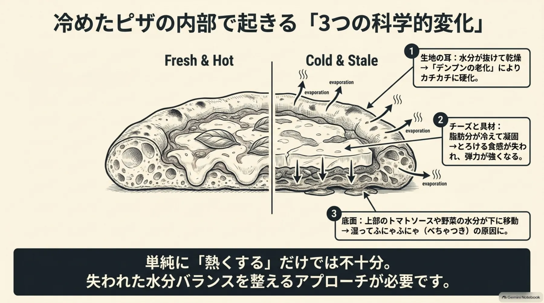ピザが冷めると生地の耳が乾燥し、チーズが固まり、具材の水分で底面が湿る仕組みを示した図